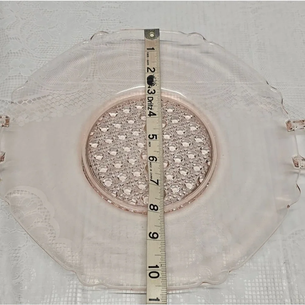 Vintage Lancaster Pink Depression Glass Landrum Cane Center Handled Platter Tray